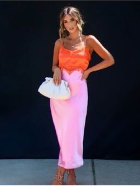 Vici Dresses & Skirts - VICI Two-Tone Lace Trim Satin Slip Maxi Dress Orange Pink Sz S